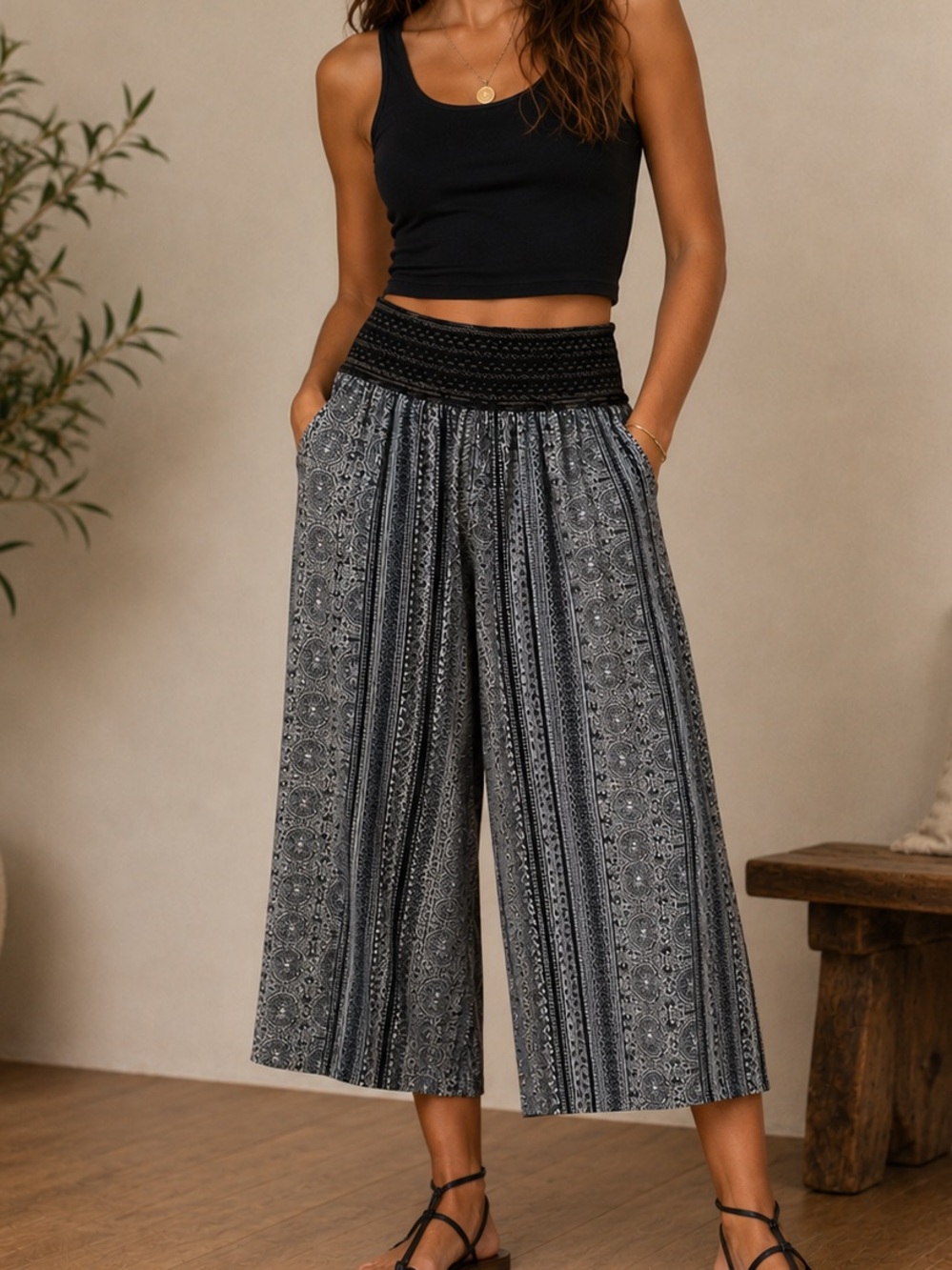 French Laundry Black & Gray Wide Leg Smocked Culotte Pants